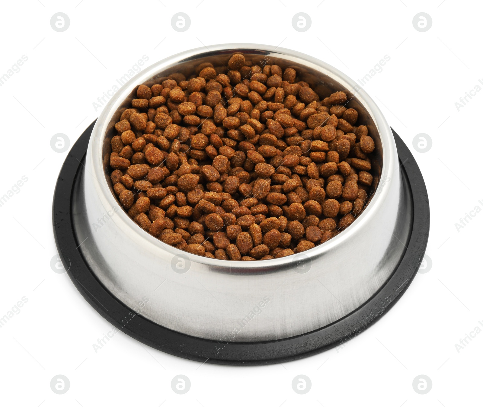 Photo of Dry pet food granules in feeding bowl isolated on white