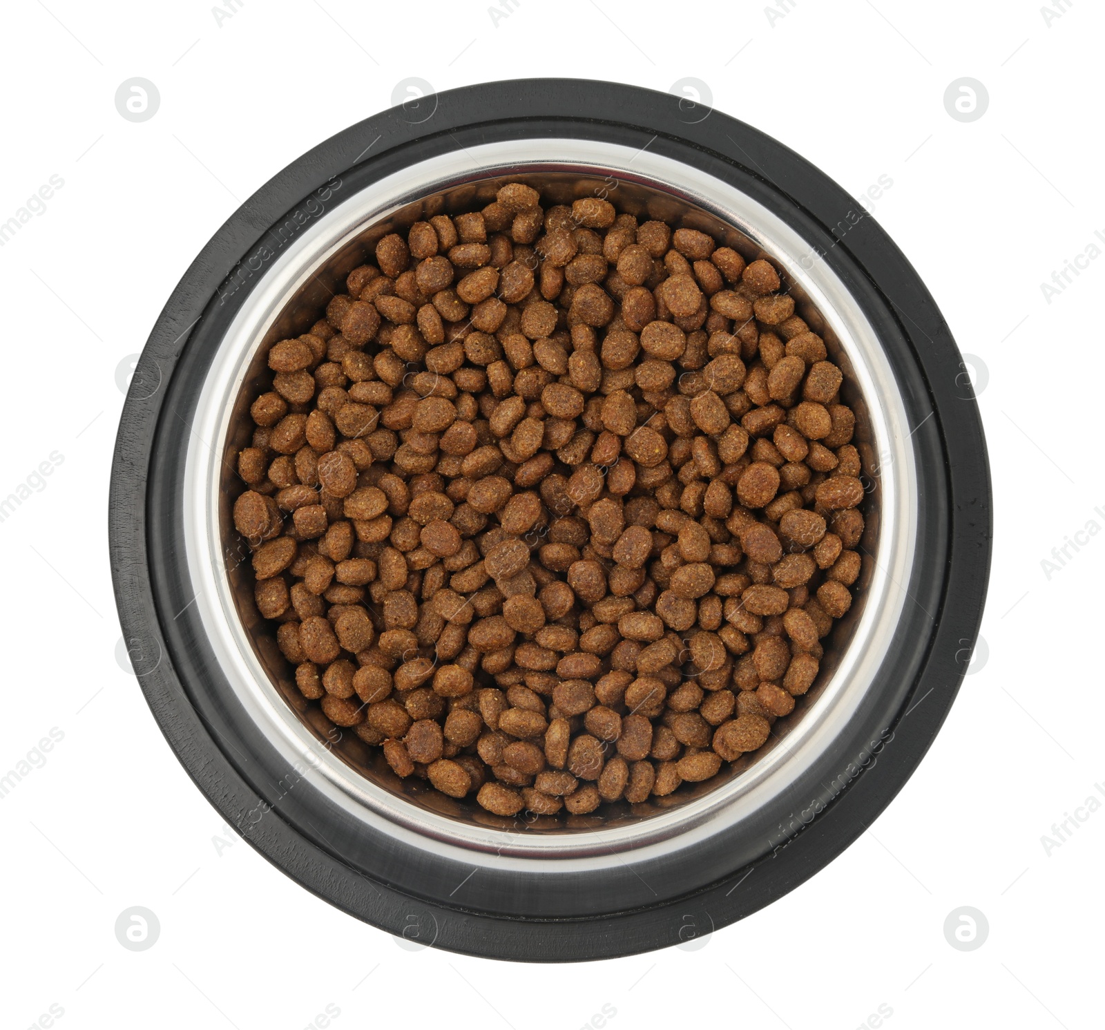 Photo of Dry pet food granules in feeding bowl isolated on white, top view