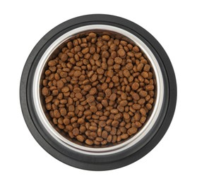 Photo of Dry pet food granules in feeding bowl isolated on white, top view