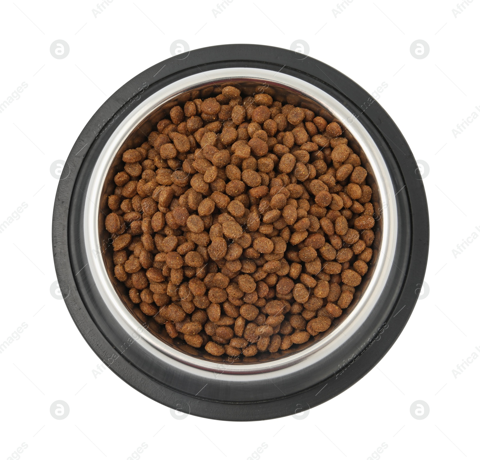 Photo of Dry pet food granules in feeding bowl isolated on white, top view