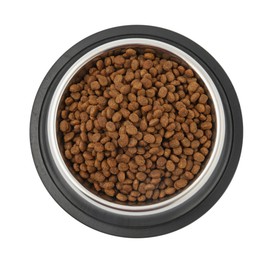 Dry pet food granules in feeding bowl isolated on white, top view