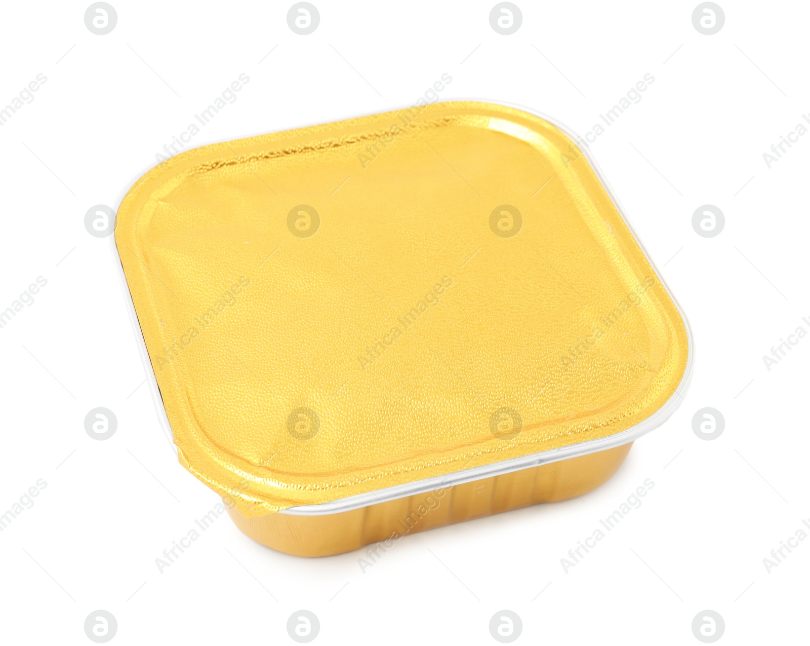 Photo of Pet food in foil container isolated on white