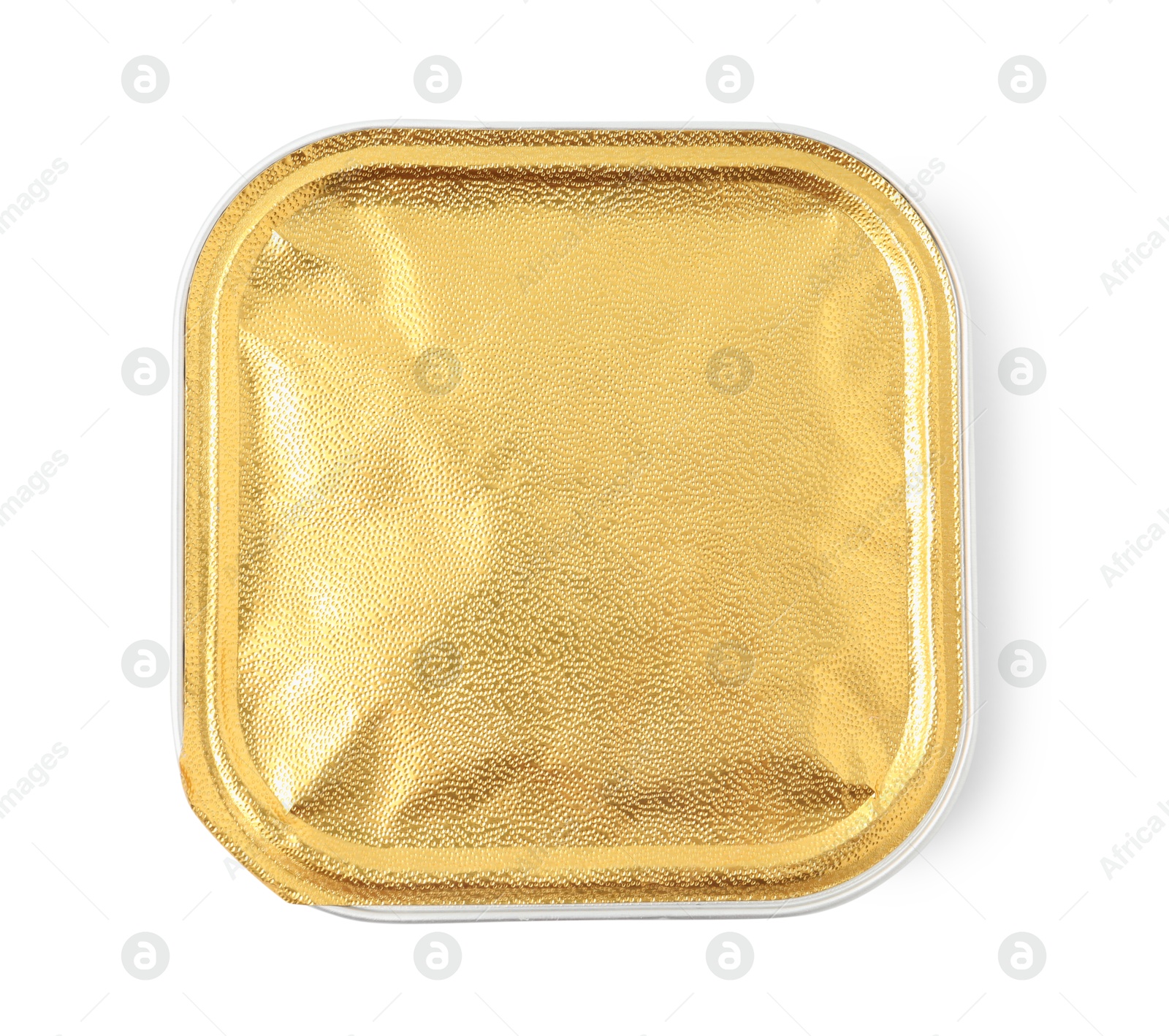 Photo of Pet food in foil container isolated on white, top view