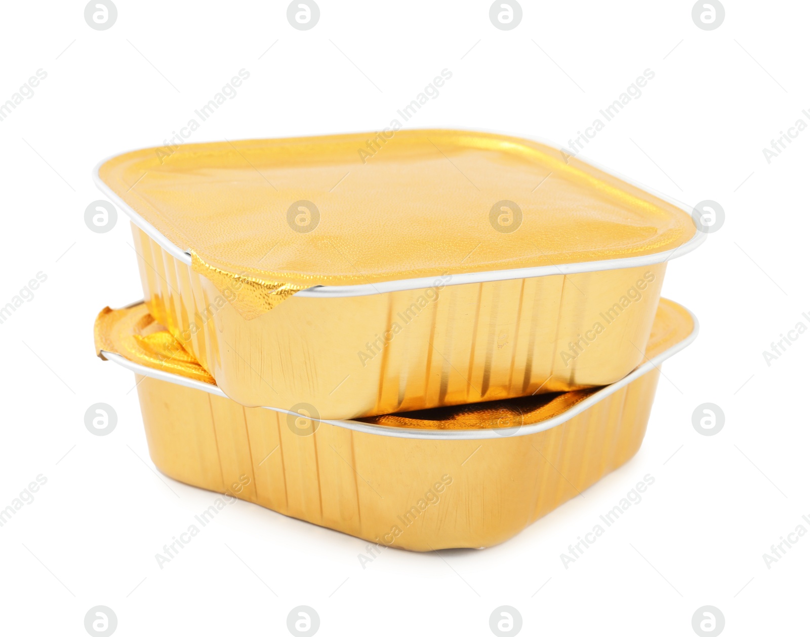 Photo of Pet food in foil containers isolated on white