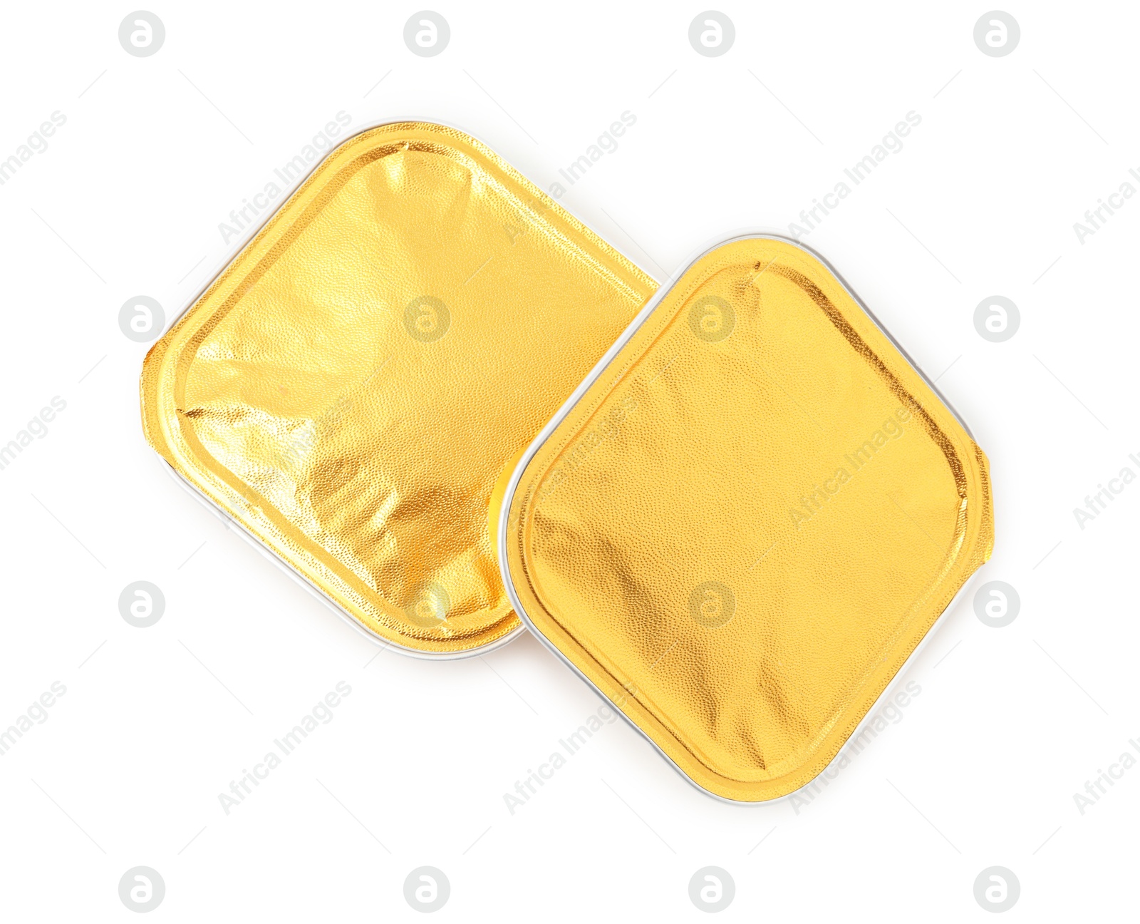 Photo of Pet food in foil containers isolated on white, top view