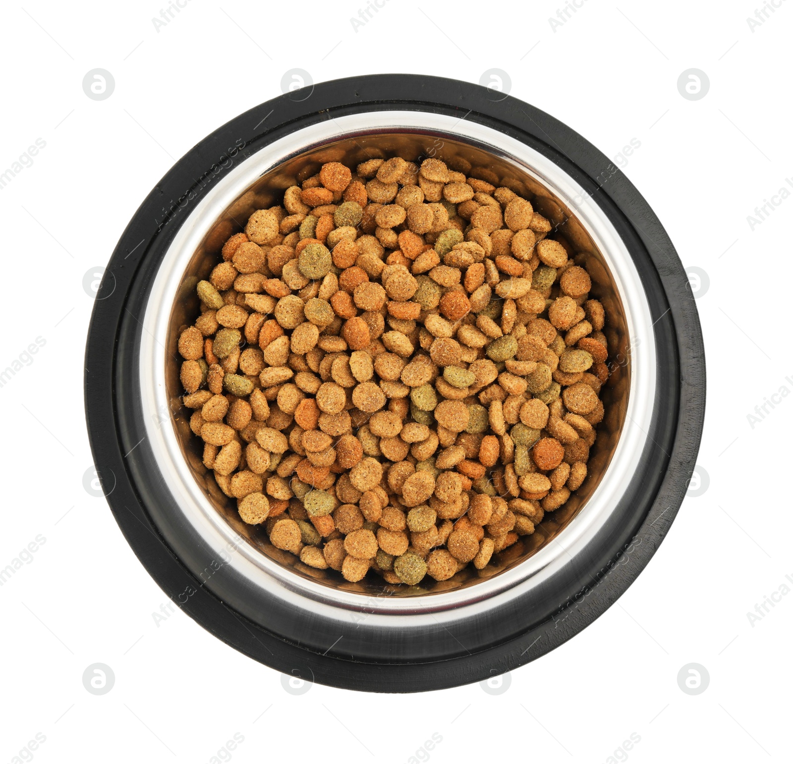 Photo of Dry pet food granules in feeding bowl isolated on white, top view