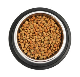 Photo of Dry pet food granules in feeding bowl isolated on white, top view