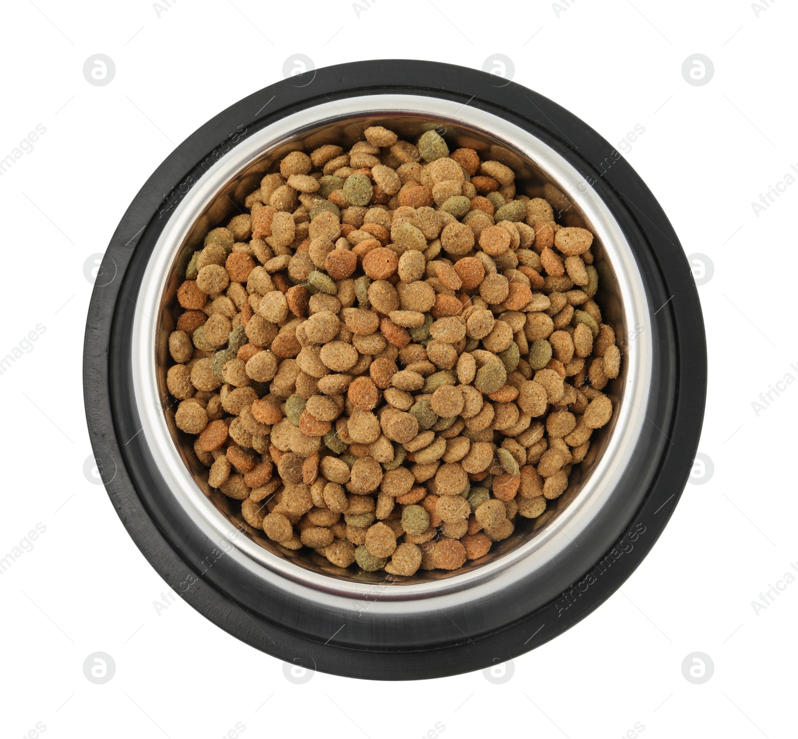 Photo of Dry pet food granules in feeding bowl isolated on white, top view