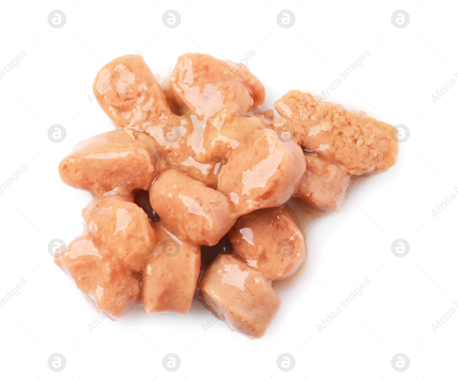 Photo of Pieces of wet pet food isolated on white, top view