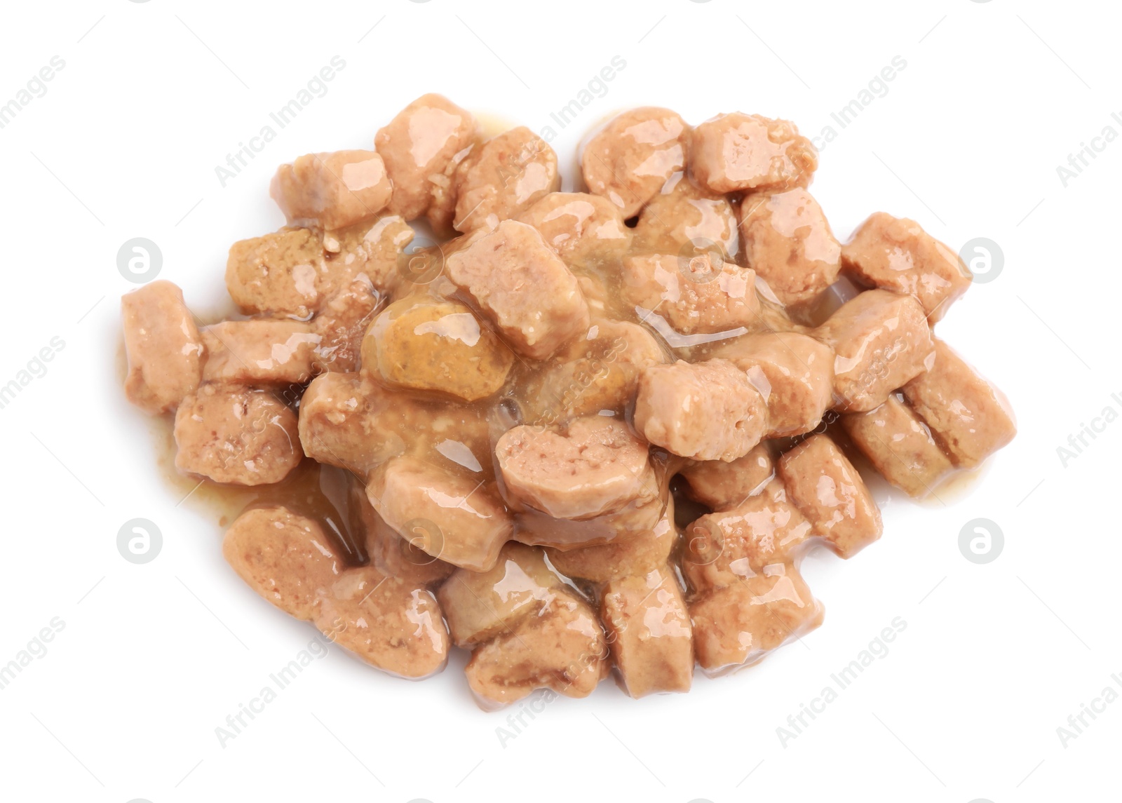 Photo of Pieces of wet pet food isolated on white, top view