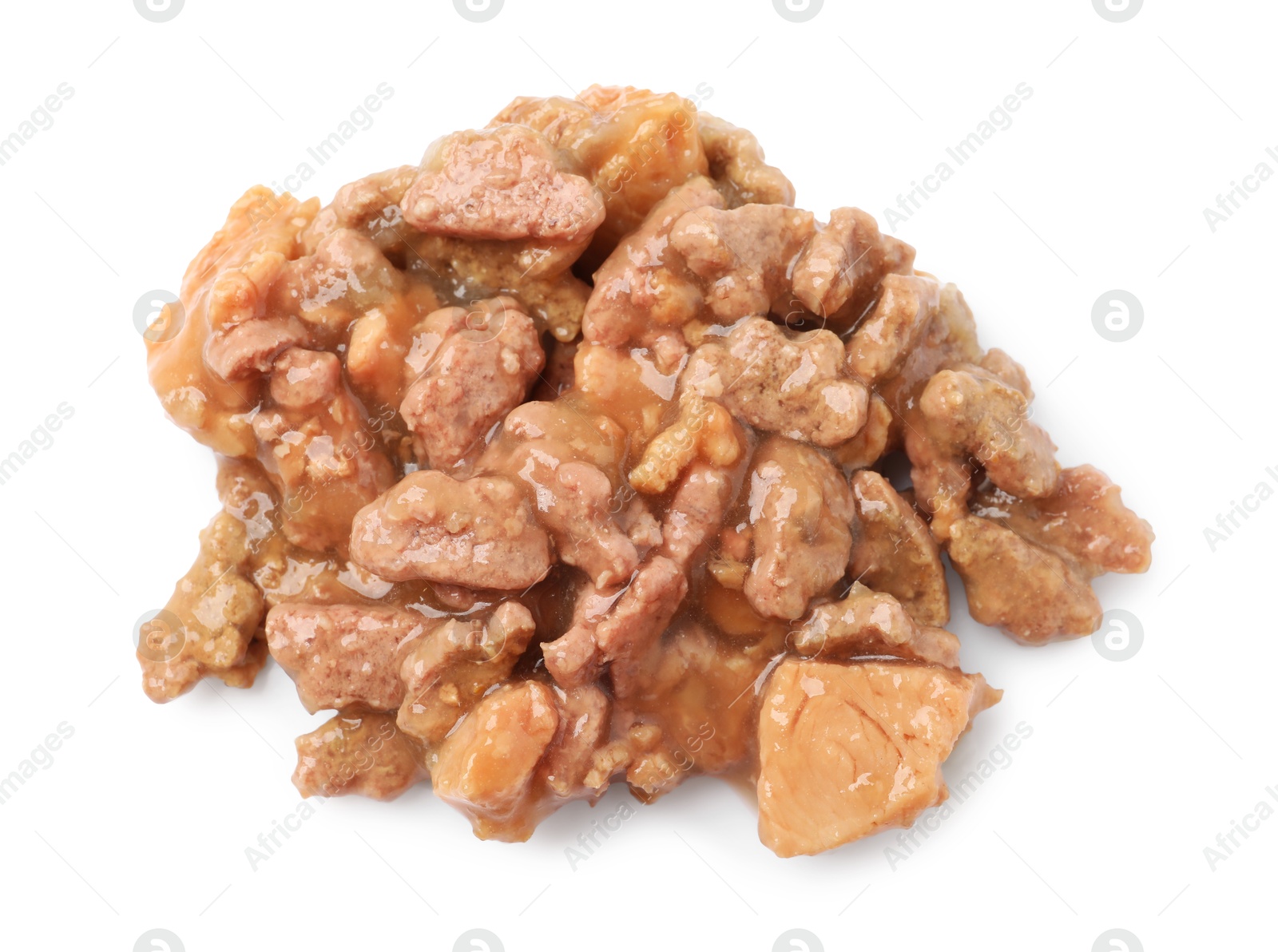 Photo of Pieces of wet pet food isolated on white, top view