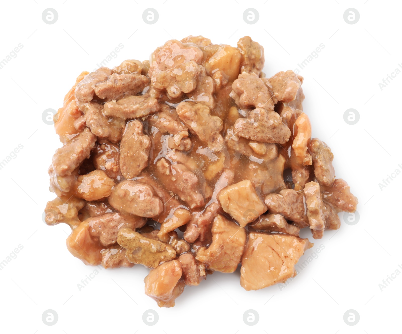 Photo of Pieces of wet pet food isolated on white, top view