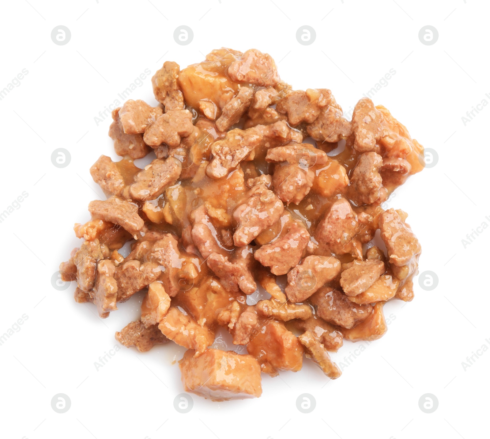 Photo of Pieces of wet pet food isolated on white, top view