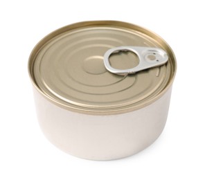 Photo of Pet food in tin can isolated on white