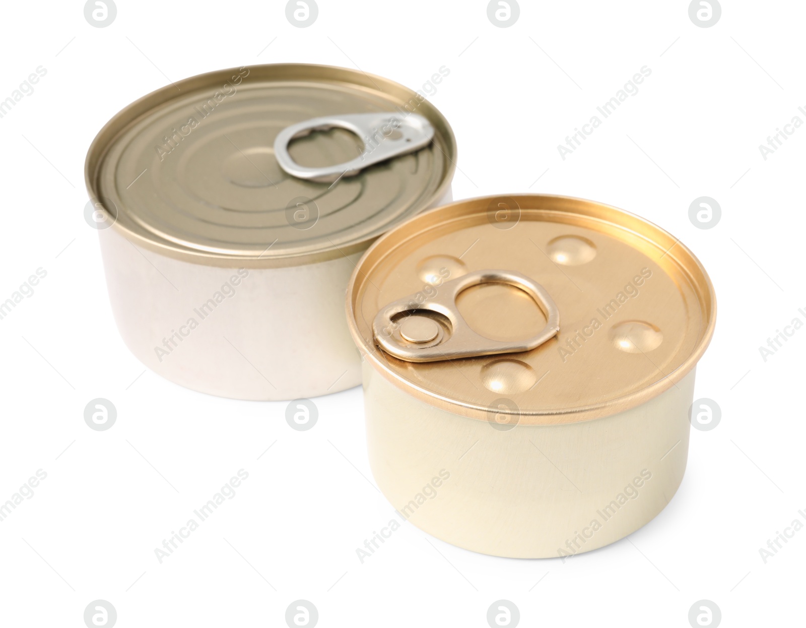 Photo of Pet food in tin cans isolated on white