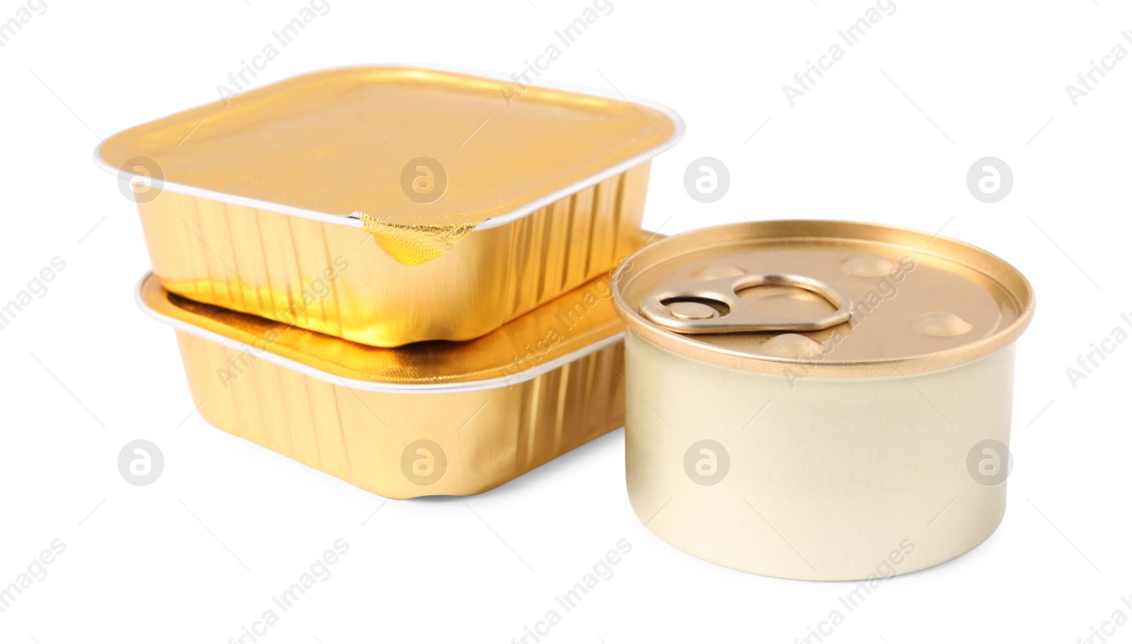 Photo of Pet food in foil containers and tin can isolated on white