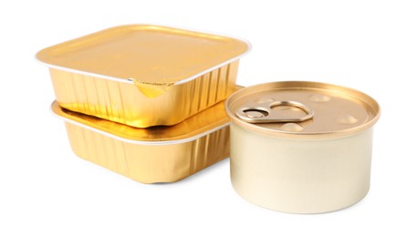 Photo of Pet food in foil containers and tin can isolated on white