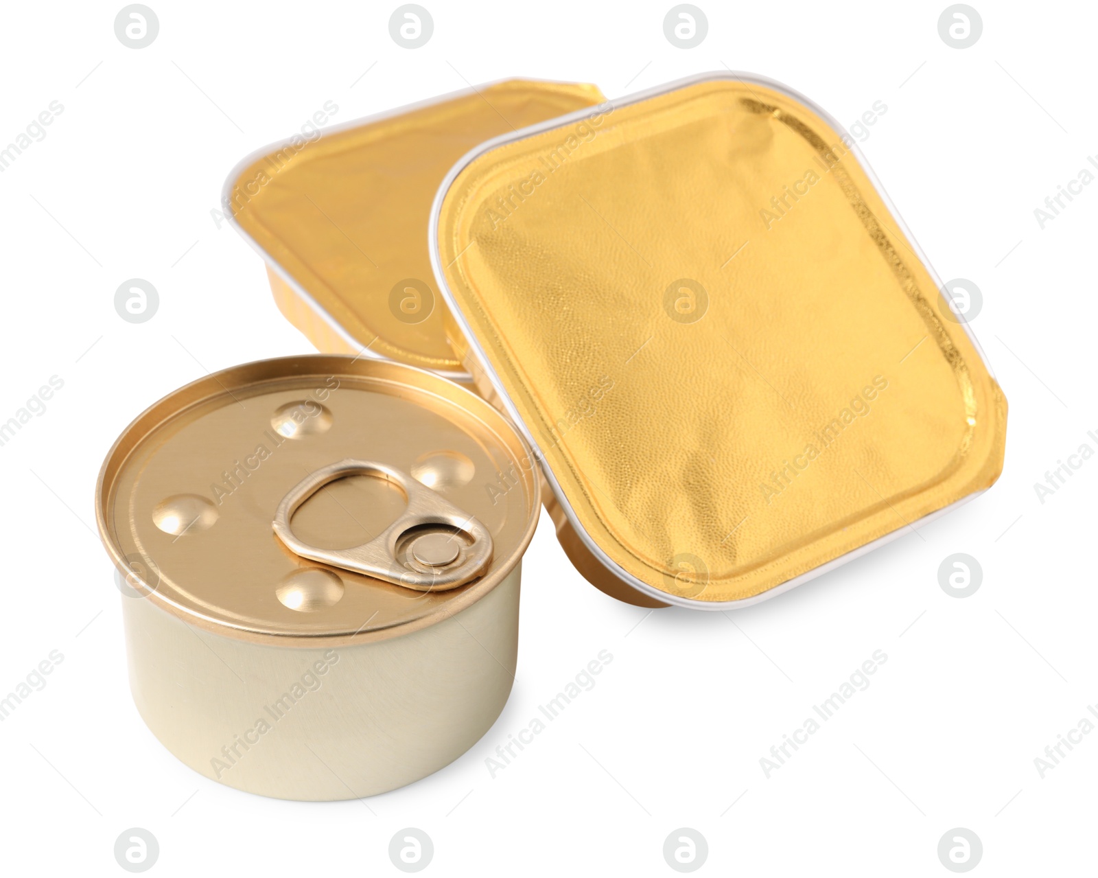 Photo of Pet food in foil containers and tin can isolated on white