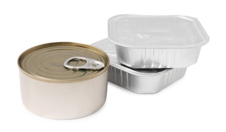 Photo of Pet food in foil containers and tin can isolated on white