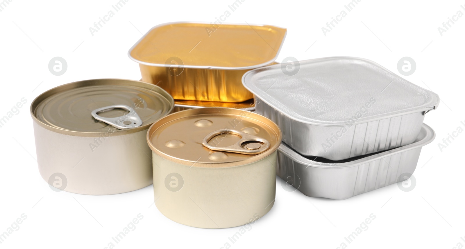 Photo of Pet food in foil containers and tin cans isolated on white