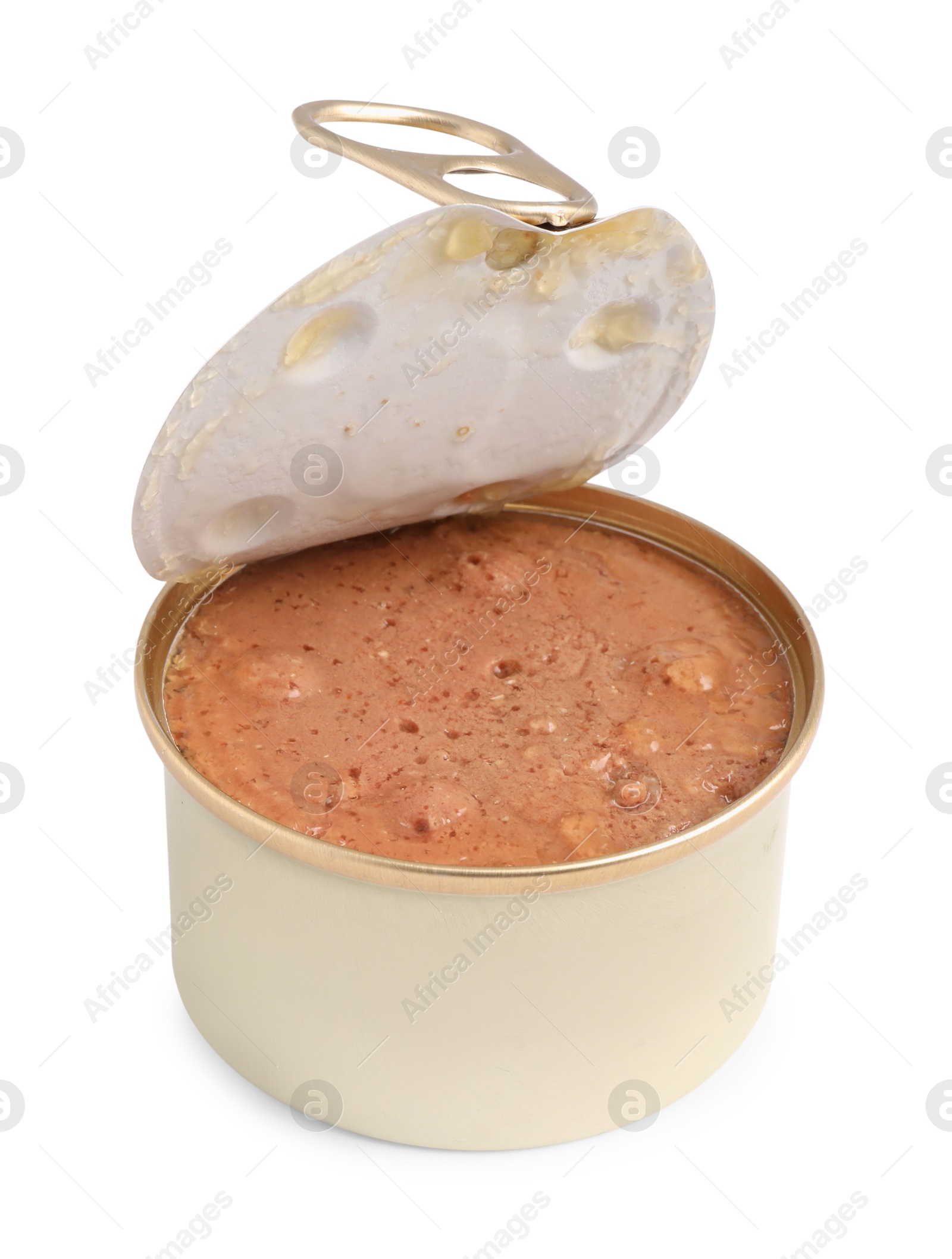 Photo of Wet pet food in tin can isolated on white