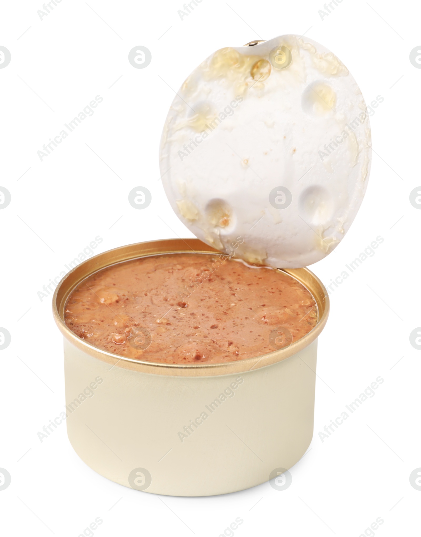 Photo of Wet pet food in tin can isolated on white