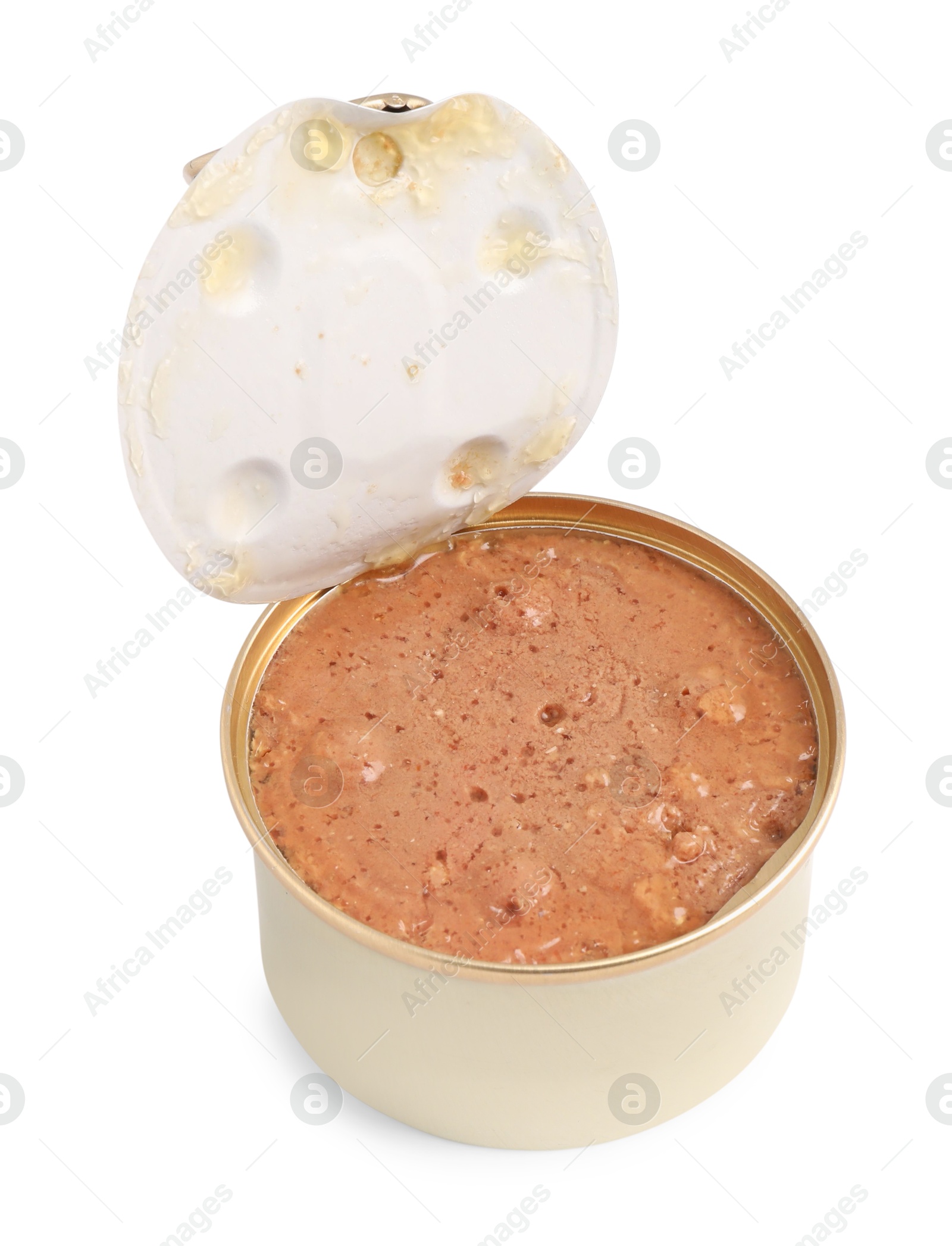 Photo of Wet pet food in tin can isolated on white