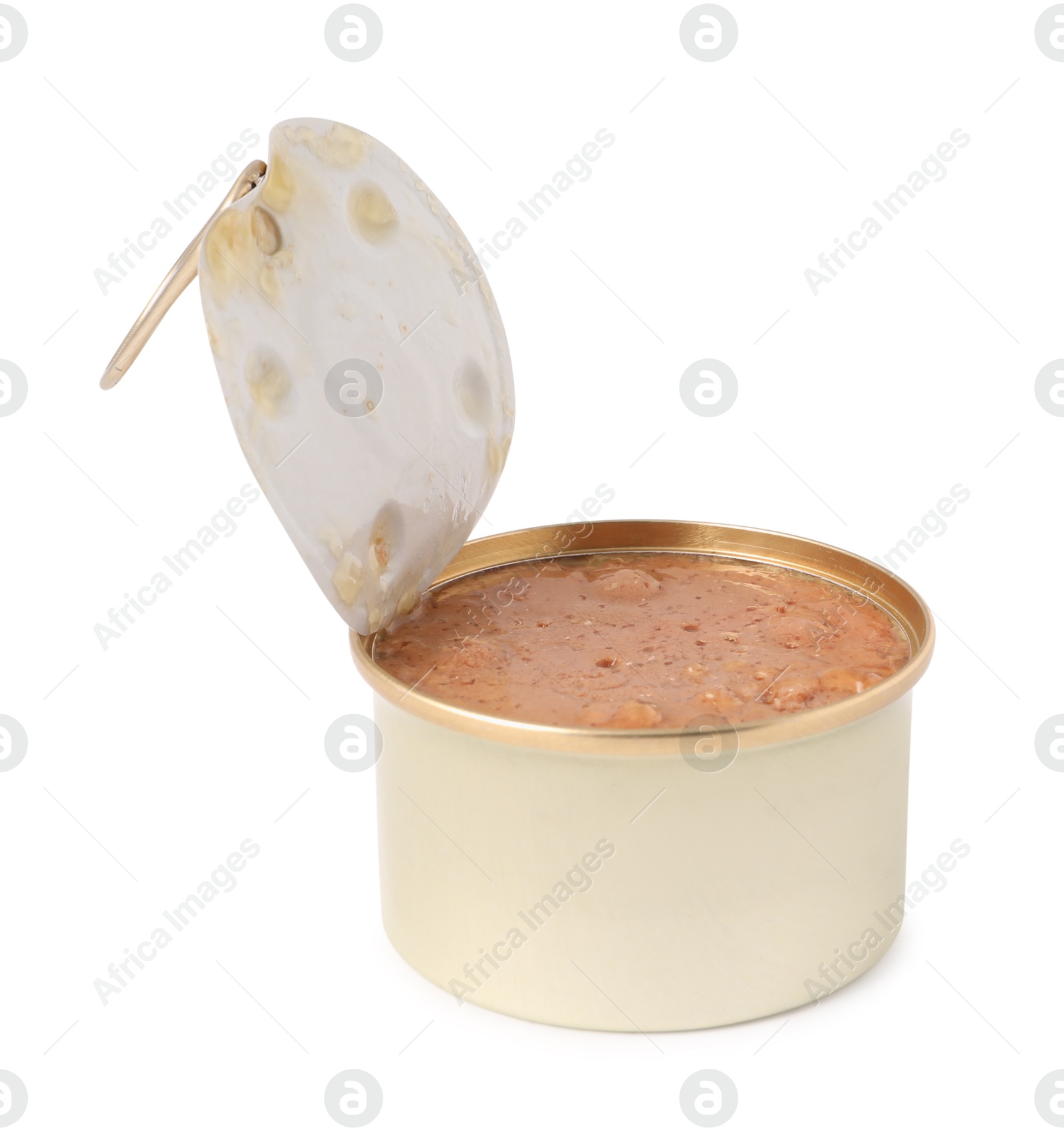 Photo of Wet pet food in tin can isolated on white