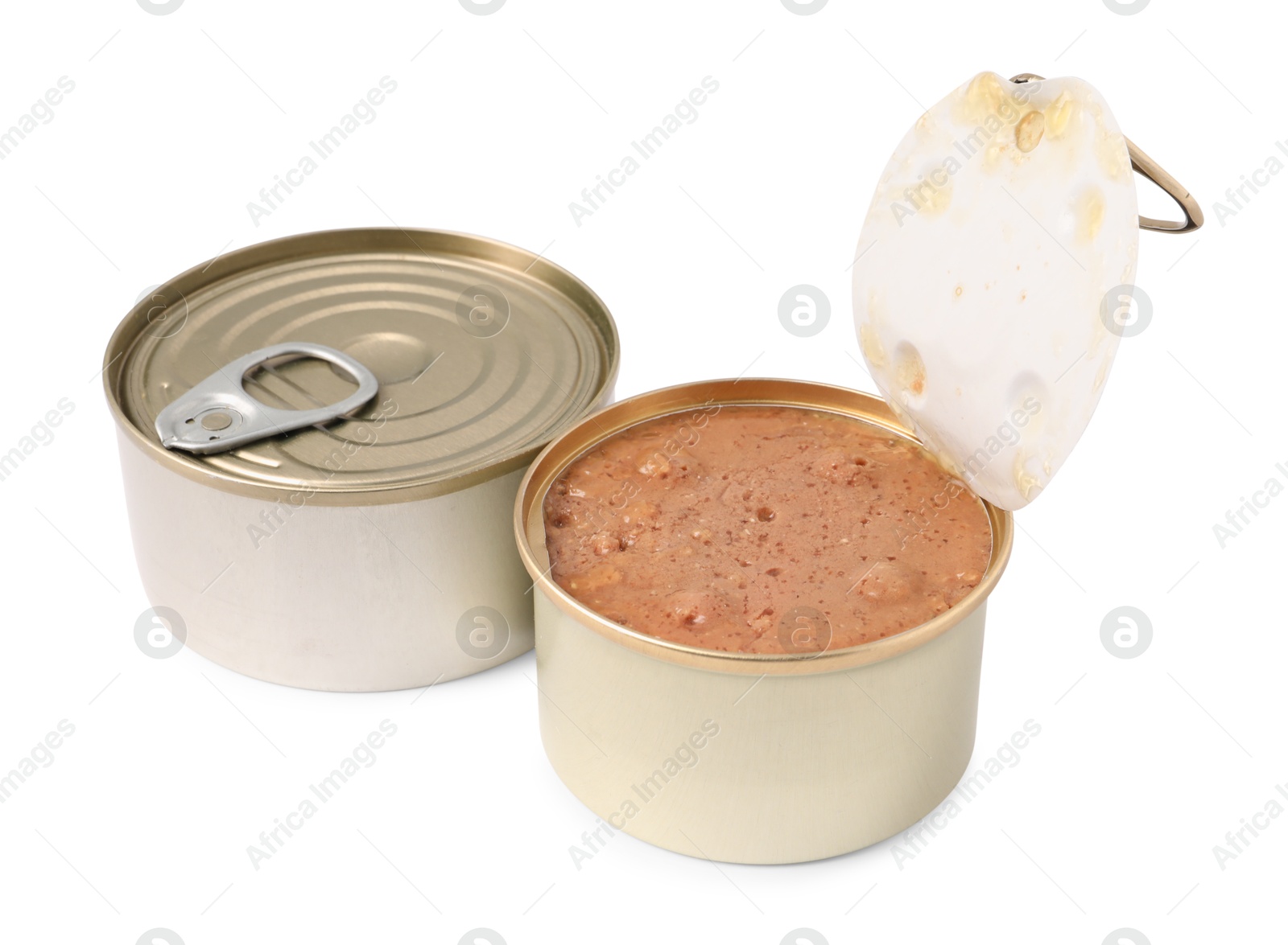 Photo of Wet pet food in tin cans isolated on white