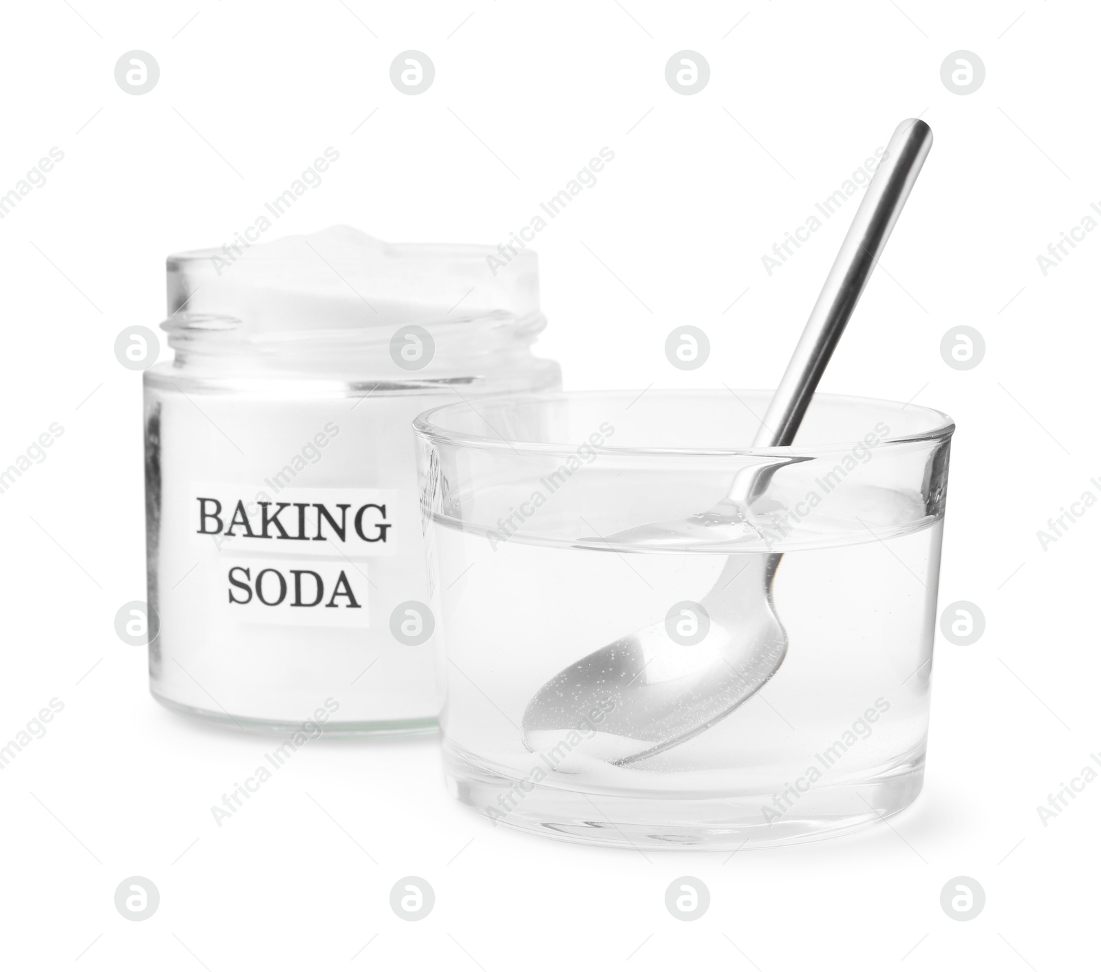 Photo of Glass of water and baking soda on white background