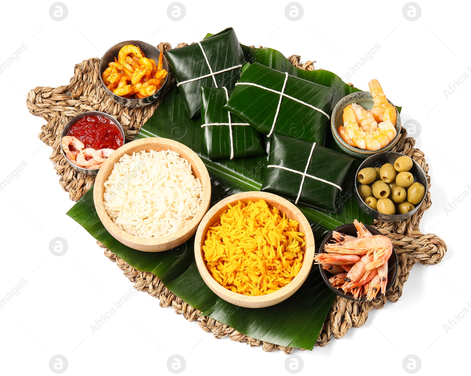 Photo of Cut banana leaves with different food isolated on white, top view. Healthy eco serving