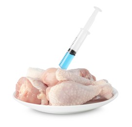 Photo of GMO concept. Chicken drumsticks and syringe isolated on white