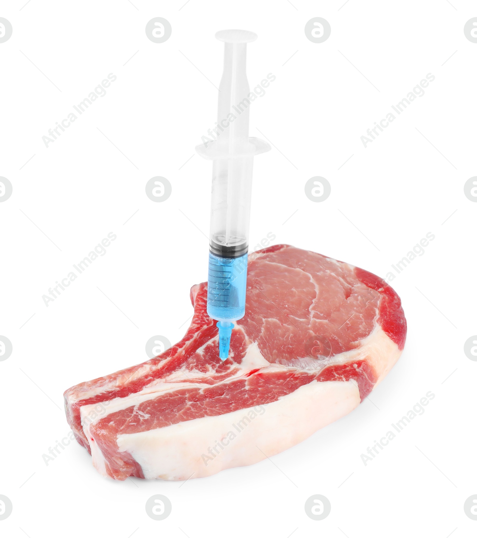 Photo of GMO concept. Pork steak and syringe isolated on white