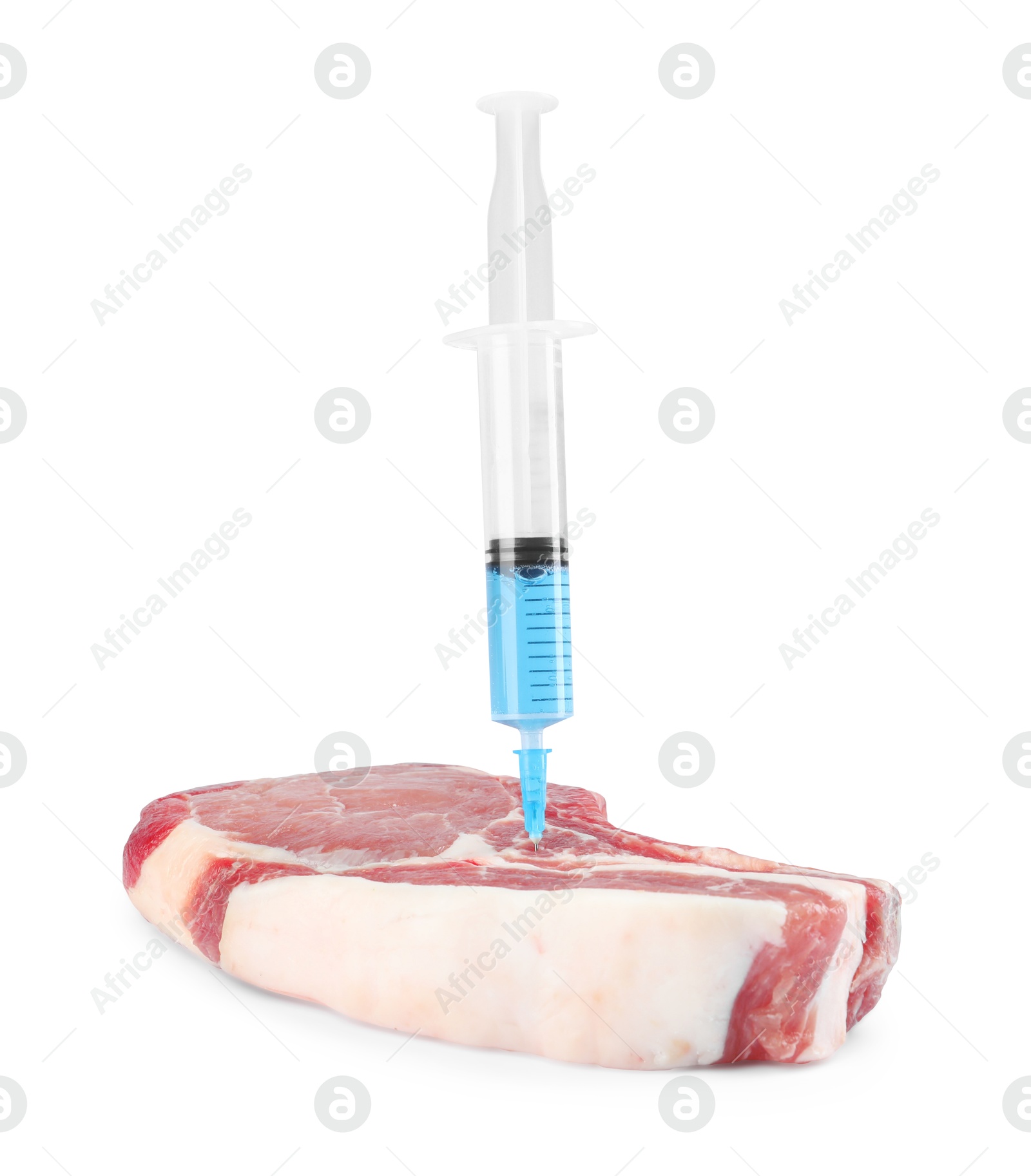 Photo of GMO concept. Pork steak and syringe isolated on white