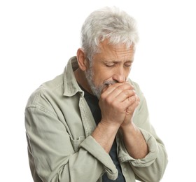 Photo of Sad senior man crying on white background