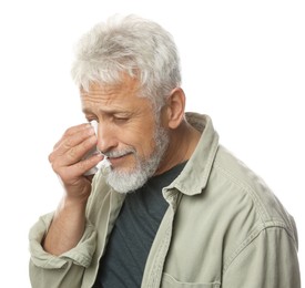 Photo of Sad senior man crying on white background