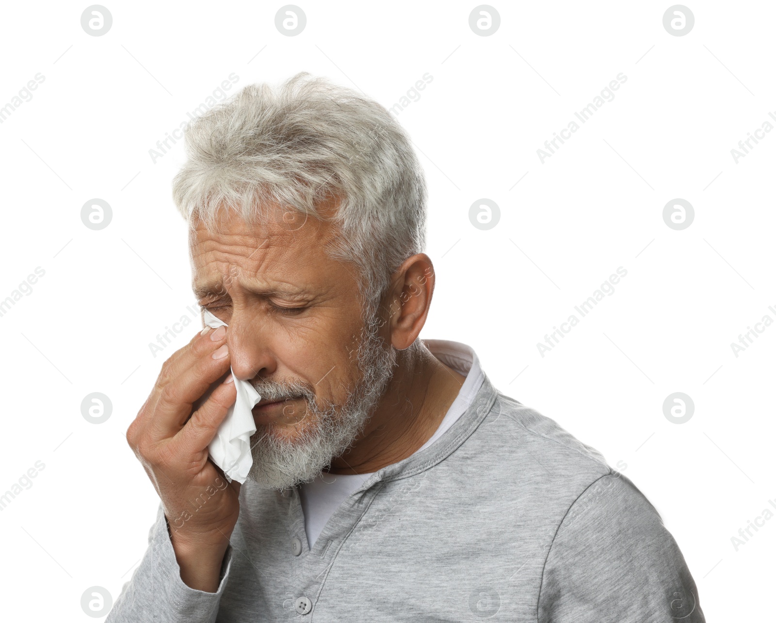 Photo of Sad senior man crying on white background