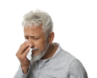 Photo of Sad senior man crying on white background