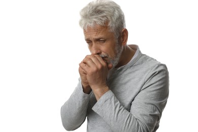 Photo of Sad senior man crying on white background