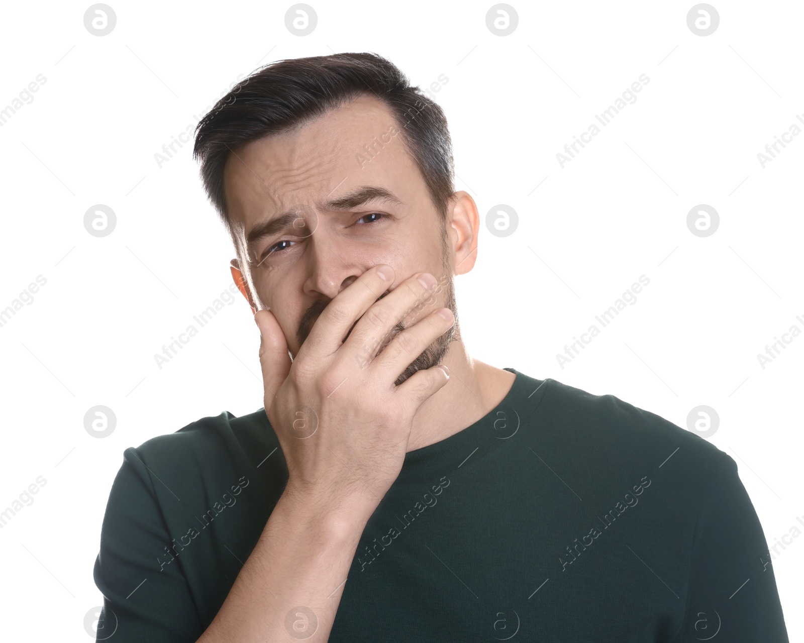 Photo of Portrait of sad man crying on white background