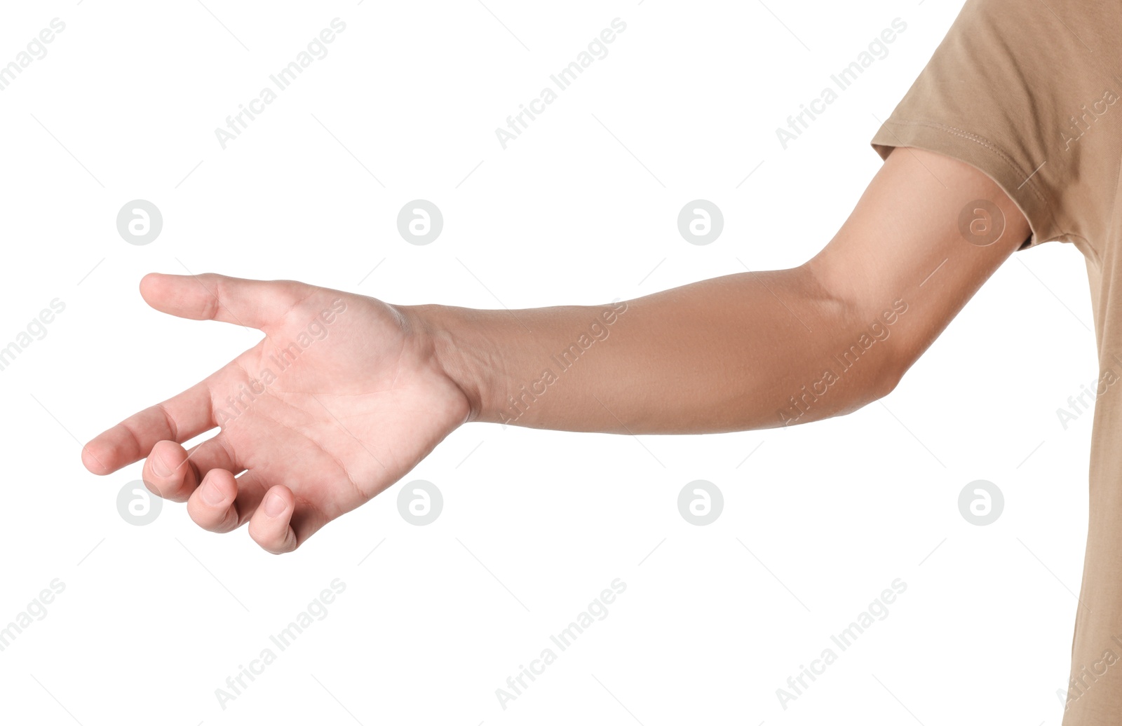 Photo of Offering help. Man reaching his hand on white background, closeup