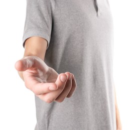 Photo of Offering help. Man reaching his hand on white background, closeup