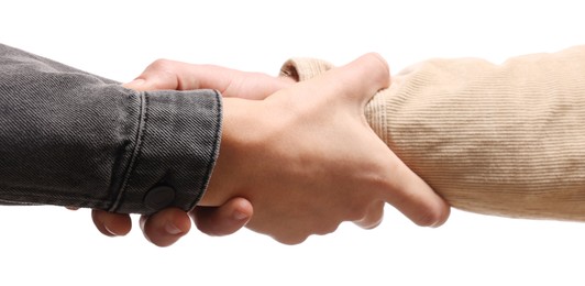 Photo of Help and support. People holding hands on white background, closeup