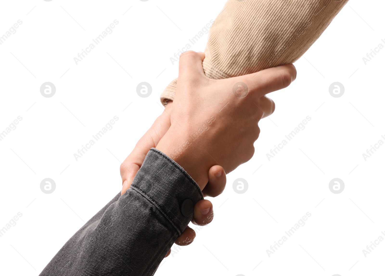 Photo of Help and support. People holding hands on white background, closeup