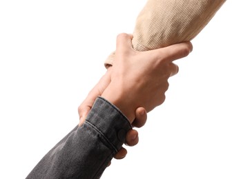 Photo of Help and support. People holding hands on white background, closeup