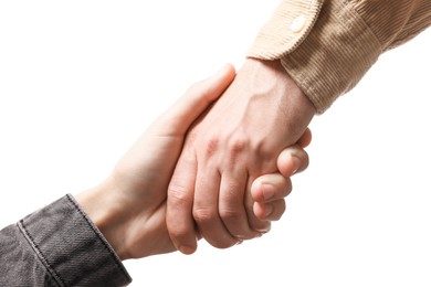 Photo of Help and support. People holding hands on white background, closeup