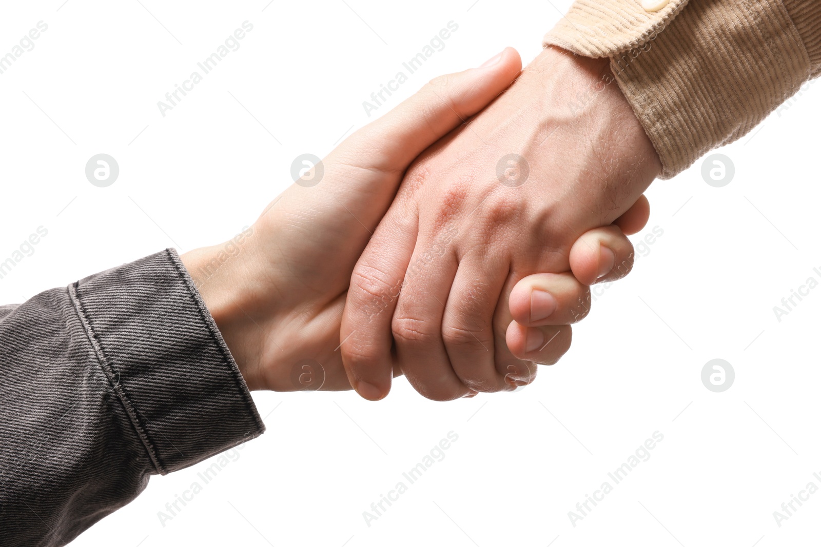 Photo of Help and support. People holding hands on white background, closeup