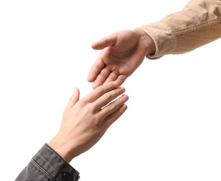 Photo of Help and support. People holding hands on white background, closeup