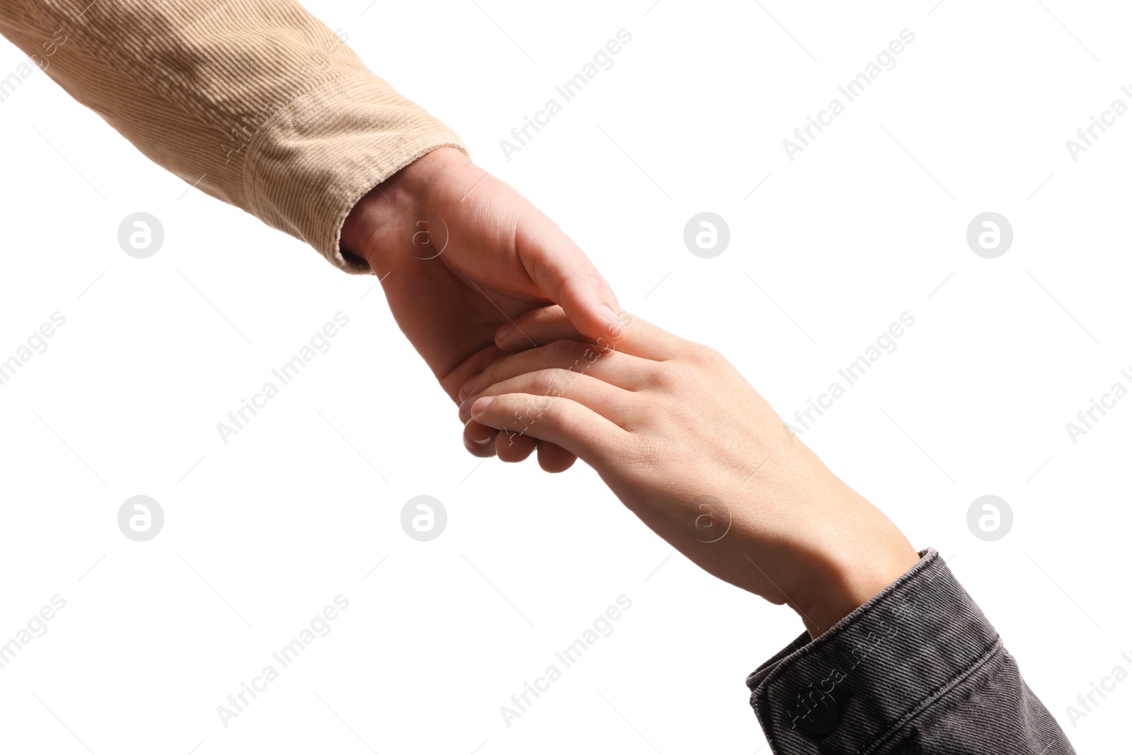 Photo of Help and support. People holding hands on white background, closeup