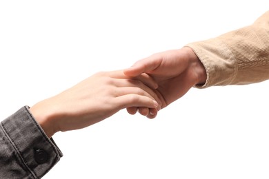 Photo of Help and support. People holding hands on white background, closeup